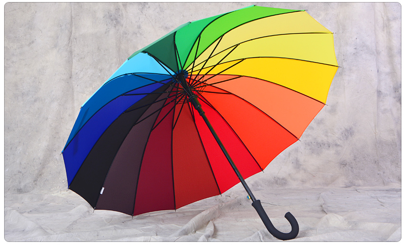 16骨超大弯柄彩虹伞 25寸长柄双人雨伞 16色碰击布晴雨伞