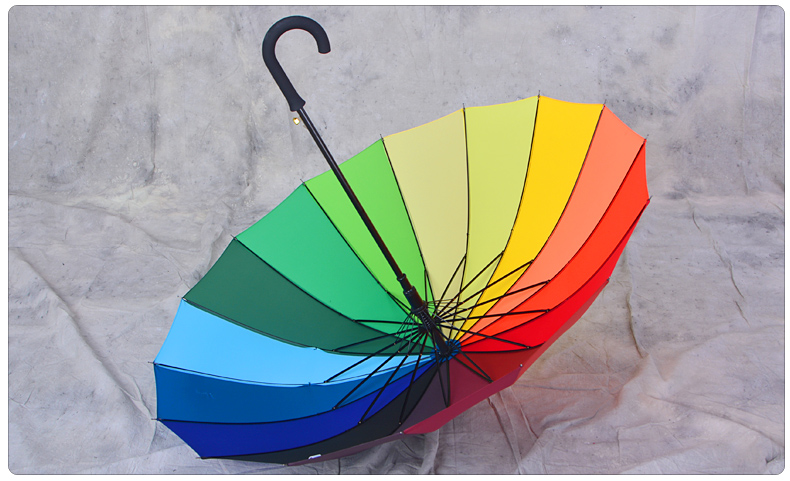 16骨超大弯柄彩虹伞 25寸长柄双人雨伞 16色碰击布晴雨伞