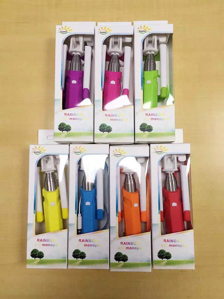 超迷你7色折叠彩虹线控自拍杆 掌心折叠自拍杆神器